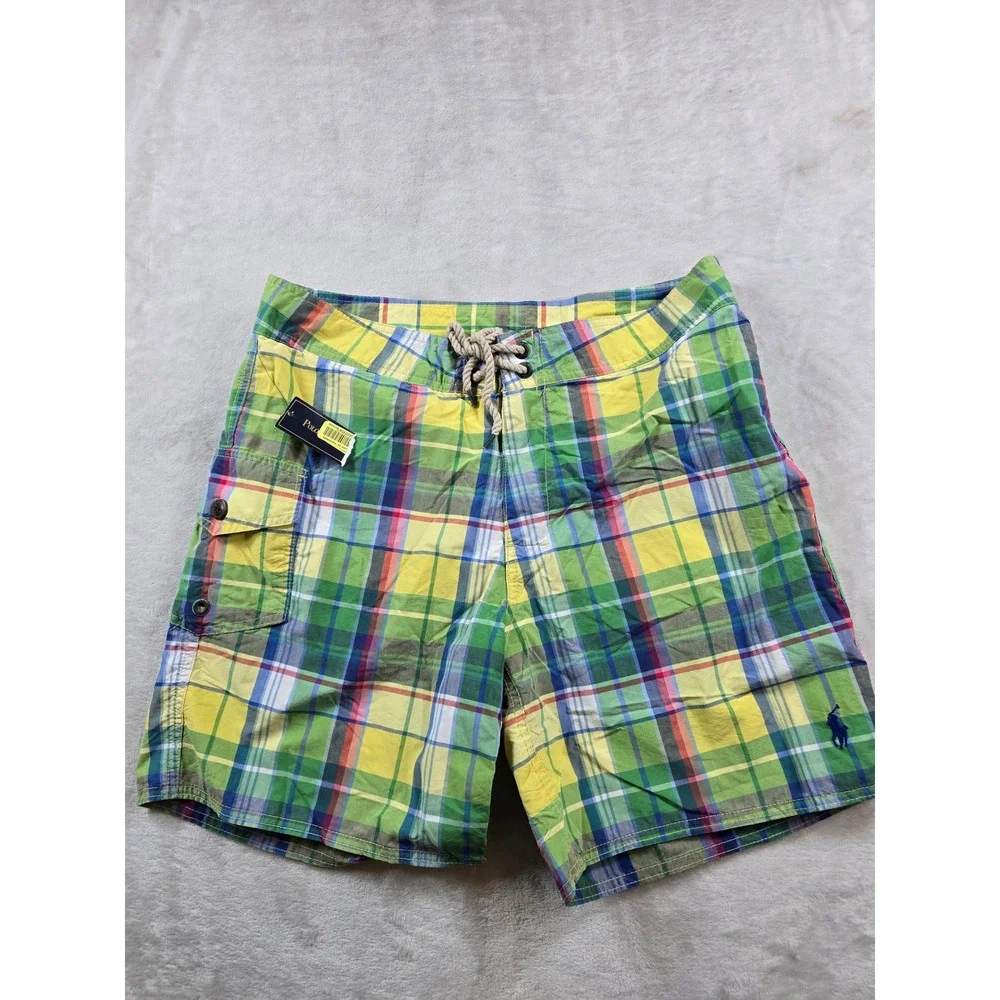 Polo‎ Ralph Lauren Madras Swim Trunks Mens 32 Green Yellow Plaid Cargo NEW